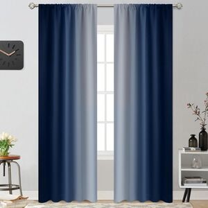 Navy Blue Gray Ombre Room Darkening Curtains Set Bedroom Living Decor